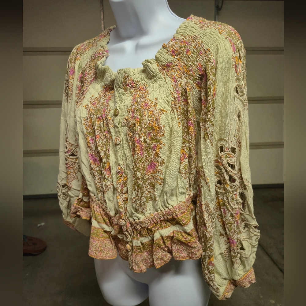 Free People Cream Floral Smocked Boho Blouse with Pink & Gold Embroidery